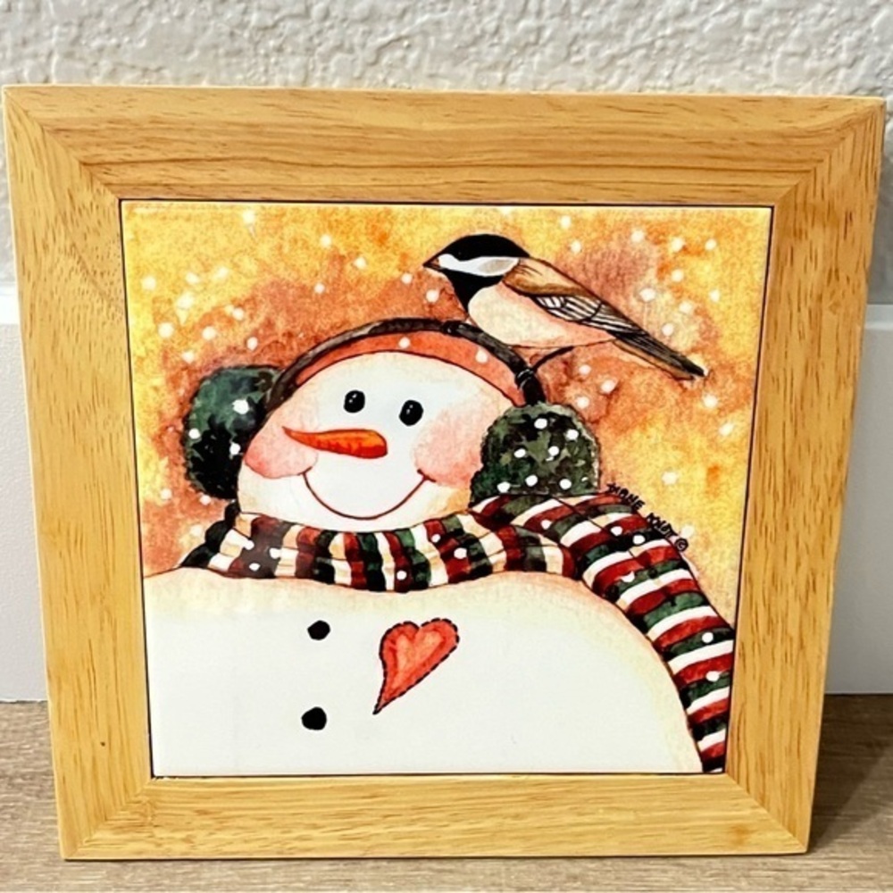Snowman Ceramic Tile Hot‎ Plate Trivet Wood Frame Border Christmas Diane Knott